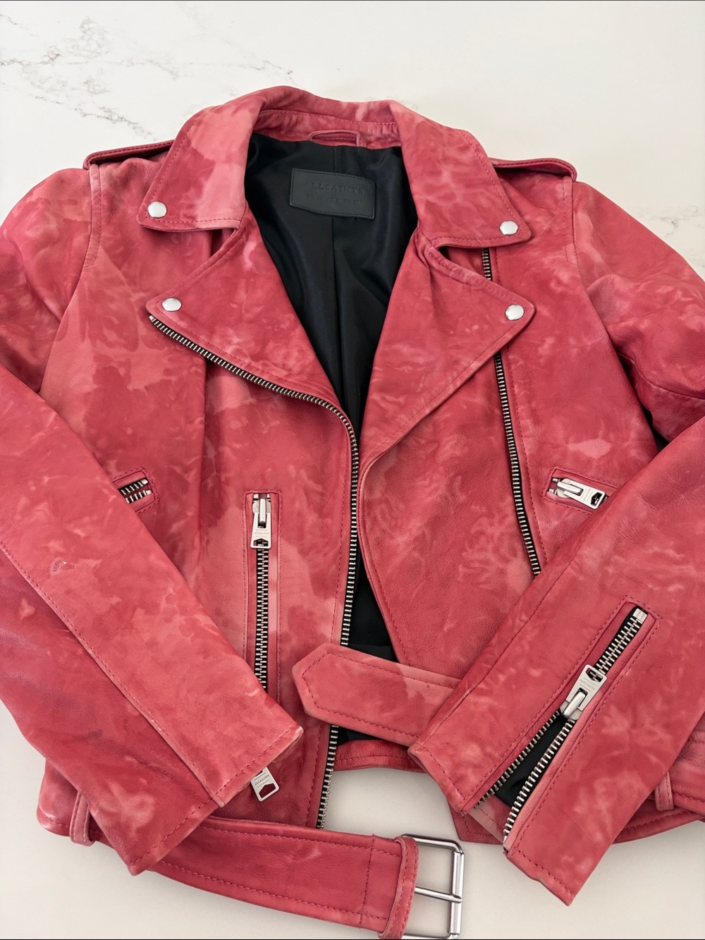 ALL SAINTS RED LEATHER SPLOTCHED MOTORCYCLE JACKET 6